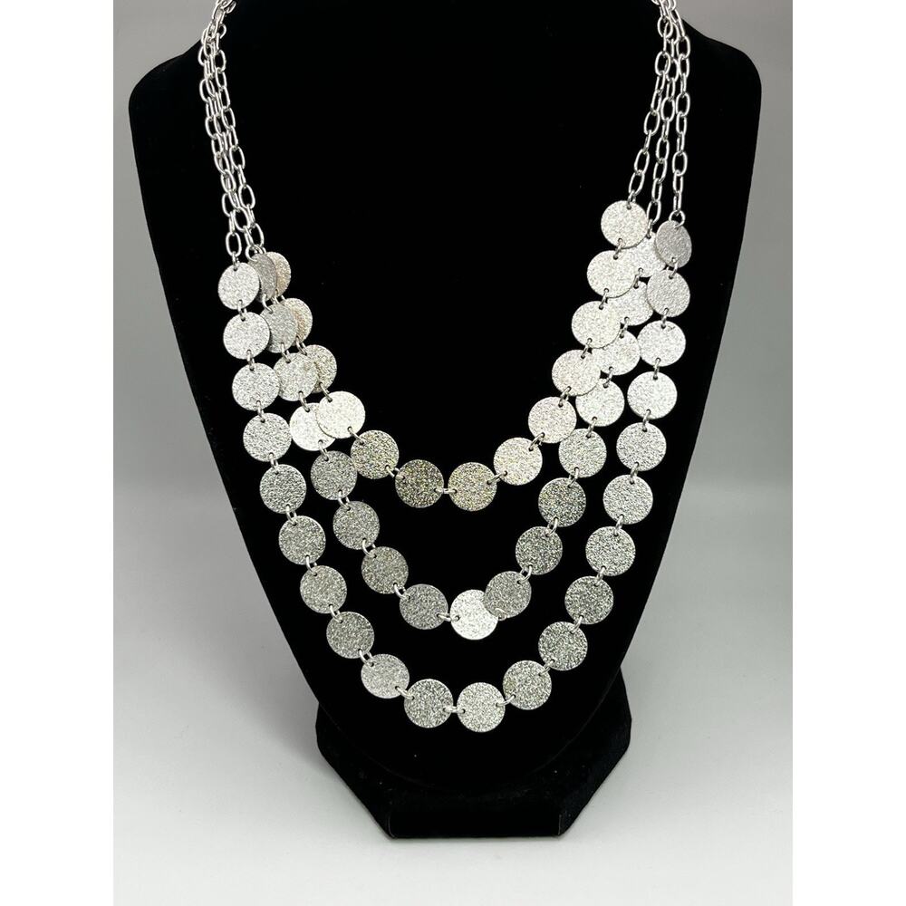 New York & Co Silver Tone Multi Layer Disc Necklace Matte Textured